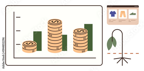 Financial planning, economic growth, e-commerce, sustainability, environmental concerns, market analysis. Coins stacked with growing graph, online shopping drooping plant. Economic growth