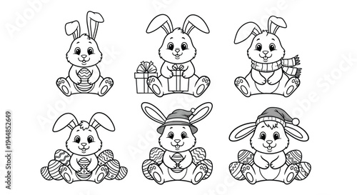 Six cute cartoon bunny outlines for coloring activities.