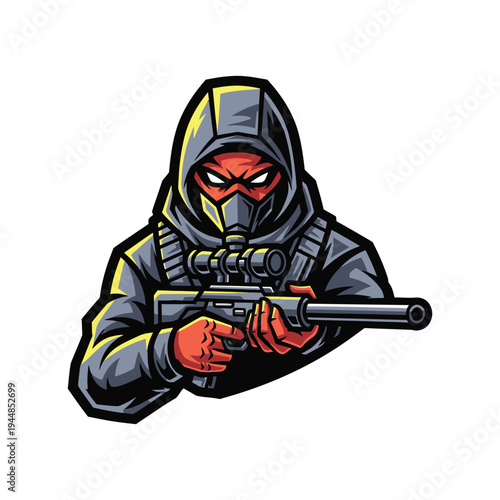 Cartoon soldier in gas mask holding gun.