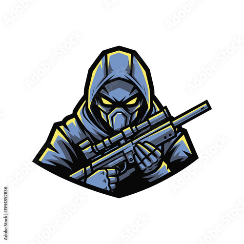 Cartoon masked man holding gun.