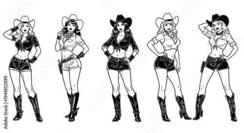 Five cowgirls in short outfits strike various confident poses.