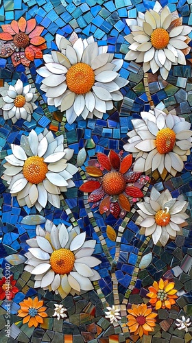 A vibrant daisy mosaic art piece comes to life with colorful glass tiles arranged in intricate patterns.