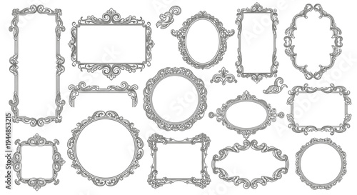 A collection of ornate vintage picture frames arranged.