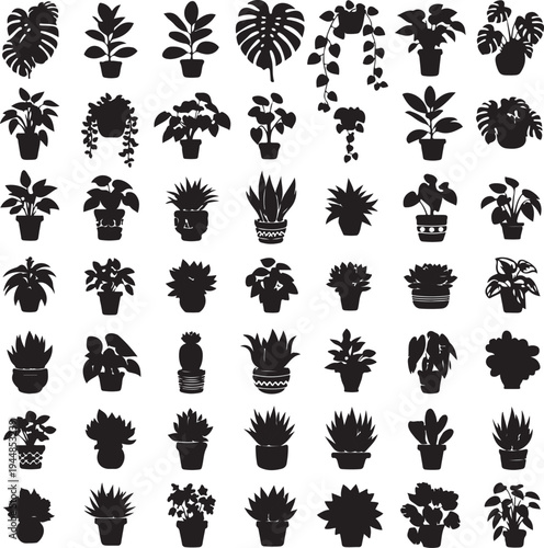 Collection of various potted houseplants and succulents in black silhouette on white background