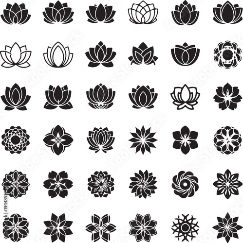 Collection of various floral designs and lotus flower icons on white background