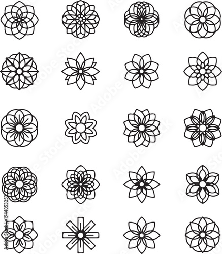 Set of various black line art floral designs on white background