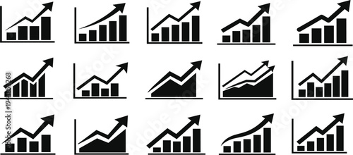 A collection of various black and white graph icons showing upward trends.
