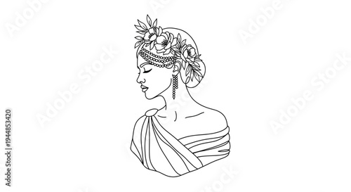 A woman with flowers in her hair wears a draped clothing outline.