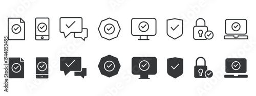 Verification, Validation, Approved solid and line icon collection