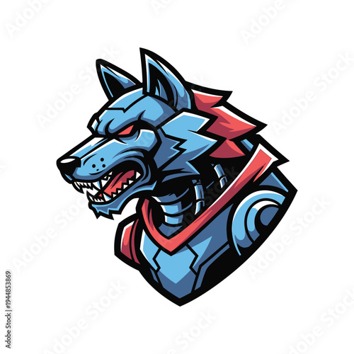 Robotic wolf head with red eyes.