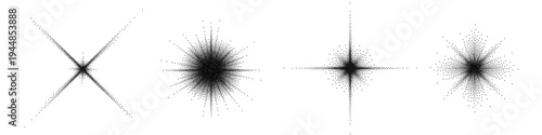 Black star burst, vector grunge sparkle with stipple grainy texture. Pointillism dots star gradient or dotwork pattern. Grain noise halftone