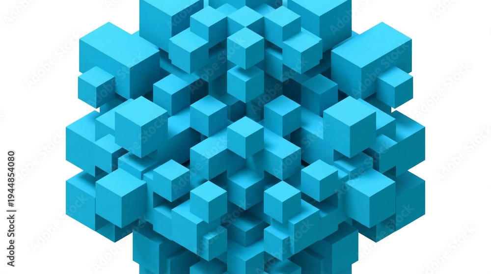 Obraz premium Blue Cubes Assembled into a Complex Geometric Structure on White Background abstract