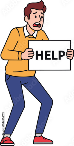 Desperate man holding help sign seeking assistance in distress vector illustration