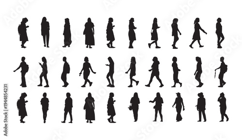 A collection of black silhouettes of people walking in various poses and directions on a white background
