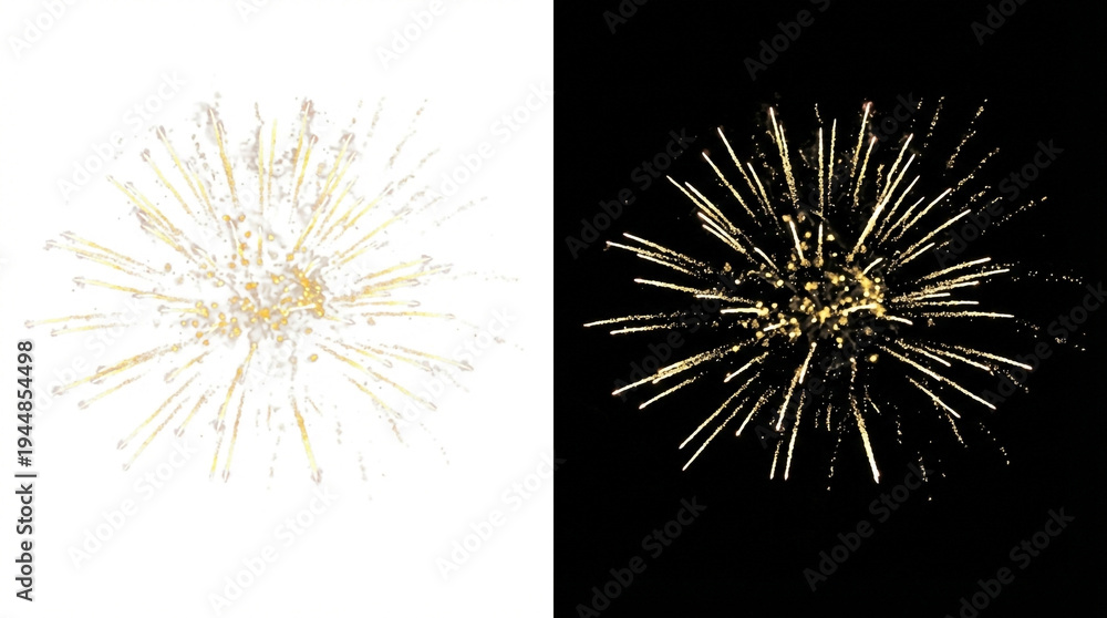 Fototapeta premium Golden Firework Burst on White and Black Backgrounds explosion yellow