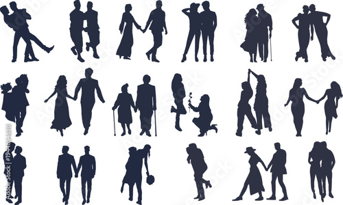 A collection of black silhouettes depicting various couples and individuals in different poses and interactions.