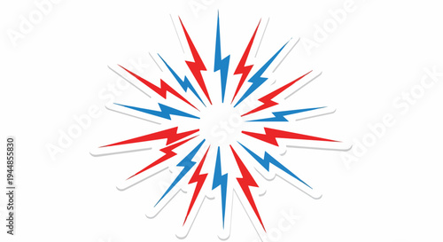 Dynamic red and blue lightning bolt starburst vector illustration. Electric energy burst, power flash, impact effect, or celebration design element.
