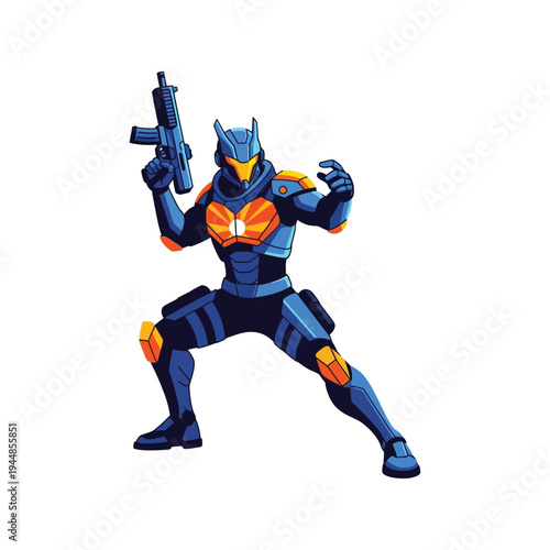 Robot character in blue and orange armor.