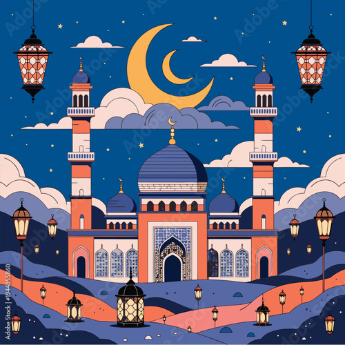 Eid Mubarak mosque at night with crescent moon and lanterns