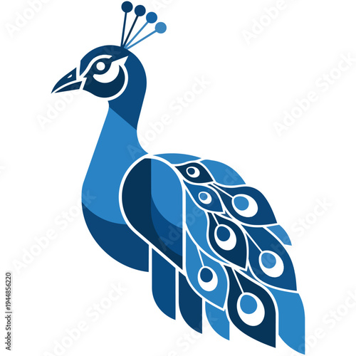 Stylized blue peacock illustration with varying shades of blue, depicting the bird's elegant form and feathered tail.