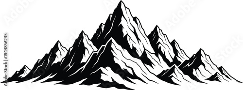 A black and white illustration of a mountain range