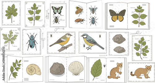 Vintage style natural history vector collection featuring field notes of birds insects plants and fossils on open books and sketches isolated on white.