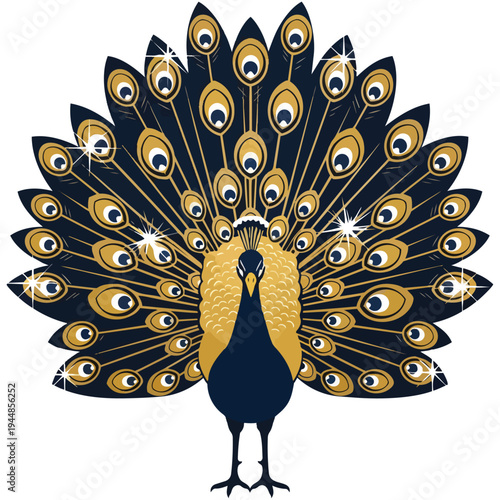 Elegant stylized peacock with fanned tail in dark blue and gold, featuring sparkling details and intricate patterns.