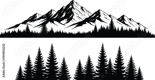 Mountain landscape with pine trees silhouette