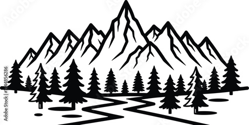 Serene mountain landscape with pine trees and winding river