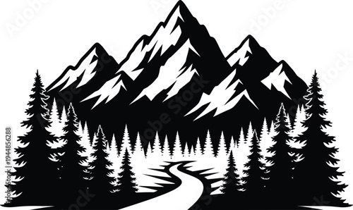 Serene mountain landscape with winding road and evergreen trees