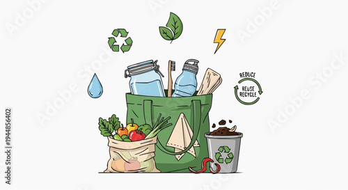 A vector graphic illustration of eco-friendly reusable shopping bags and recycling symbols