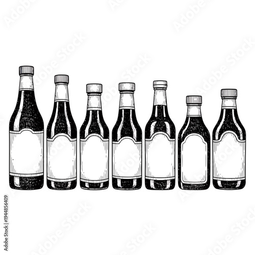 Set of Vintage Glass Bottles with Cork Stoppers in Black and White Style

