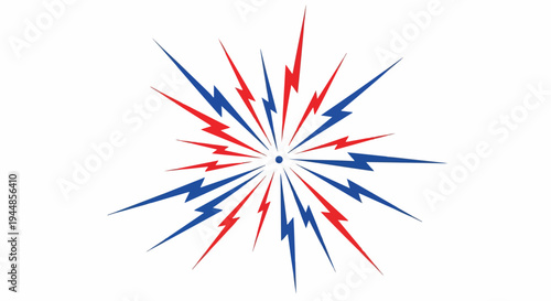 Abstract Burst of Red and Blue Lightning Bolts Radiating from a Central Point, Energetic Explosion Concept