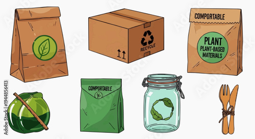 An illustration of eco-friendly packaging and sustainable materials