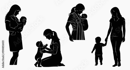 A set of black silhouettes depicting mothers with their children
