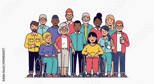 A diverse group of people of different ages and abilities standing together