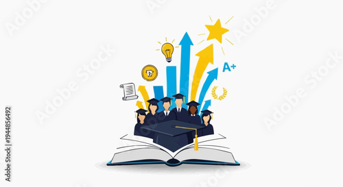 A group of graduates emerging from an open book with symbols of success