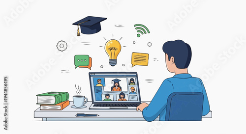 A man sitting at a desk with a laptop and books participating in an online education session