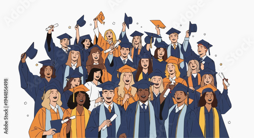 A group of diverse graduates celebrating in academic regalia