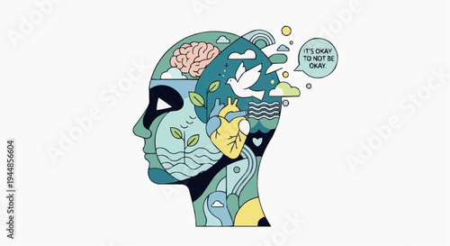 A vibrant illustration of a human head with a brain full of nature and thoughts