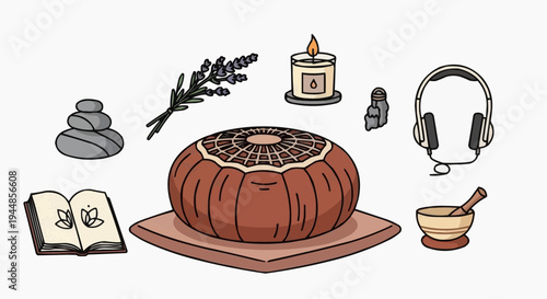 A vector graphic illustration of a pumpkin with various wellness and relaxation items around it