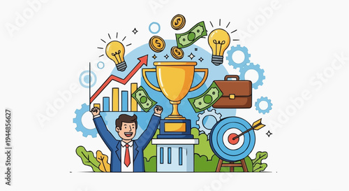 A cartoon man celebrating success with a trophy and business symbols around him