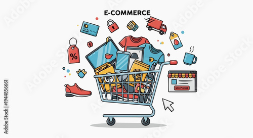 A colorful illustration of a shopping cart filled with various e-commerce items