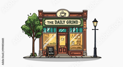 A colorful illustration of a quaint coffee shop called The Daily Grind