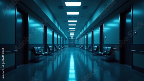 Long dark hospital corridor with rooms and seats 3D rendering. Empty accident and emergency interior with bright lights lighting the hall from the ceiling