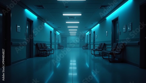 Long dark hospital corridor with rooms and seats 3D rendering. Empty accident and emergency interior with bright lights lighting the hall from the ceiling