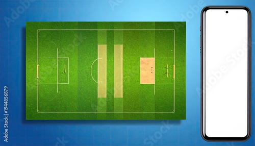 Aerial perspective of a cricket field displayed on a smartphone, blue gradient background