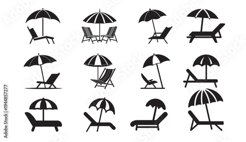 A collection of black silhouettes of beach chairs and umbrellas on a white background