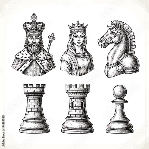 Detailed Hand-Drawn Chess Pieces Including King, Queen, Knight, Rook, and Pawn

