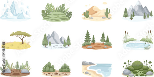 Diverse collection of flat vector landscape illustrations featuring mountain forest desert savanna jungle swamp and ocean biomes isolated on a white background.